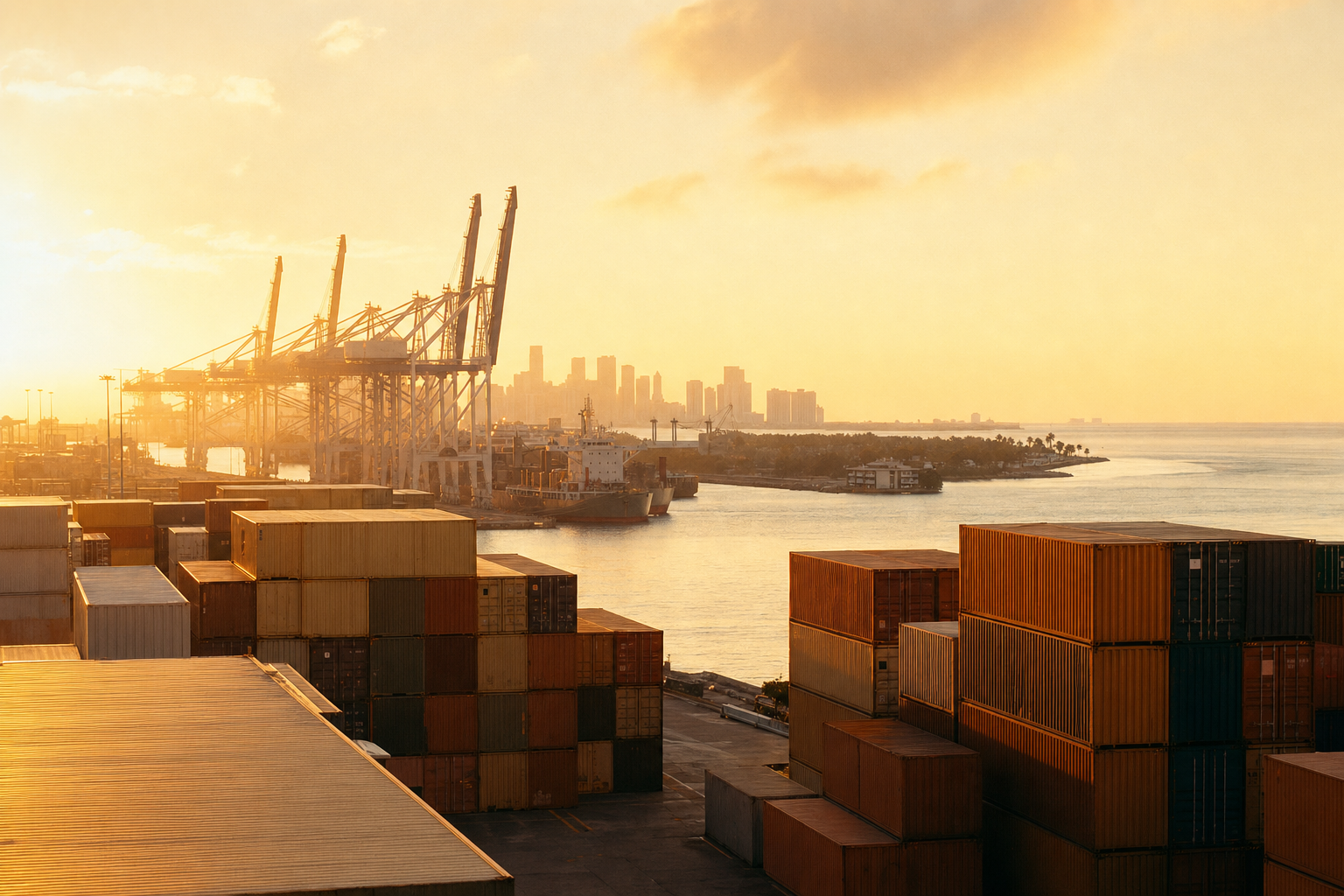Miami cargo port at golden hour